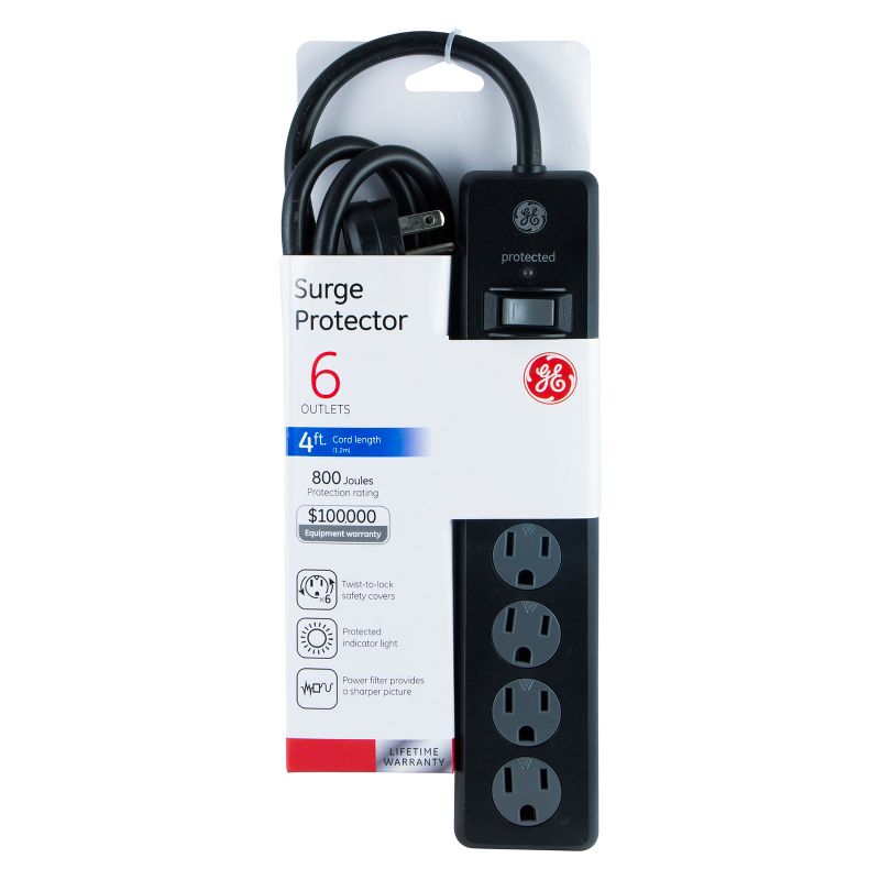 GE 6 Outlet Surge Protector with 4&#39; Extension Cord Twist To Close Safety Covers Black, 5 of 8
