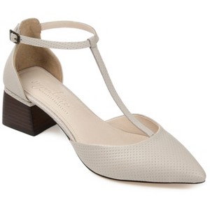 Journee Signature Womens Genuine Leather Cameela Buckle Low Stacked Heel Almond Toe Pumps - 1 of 4