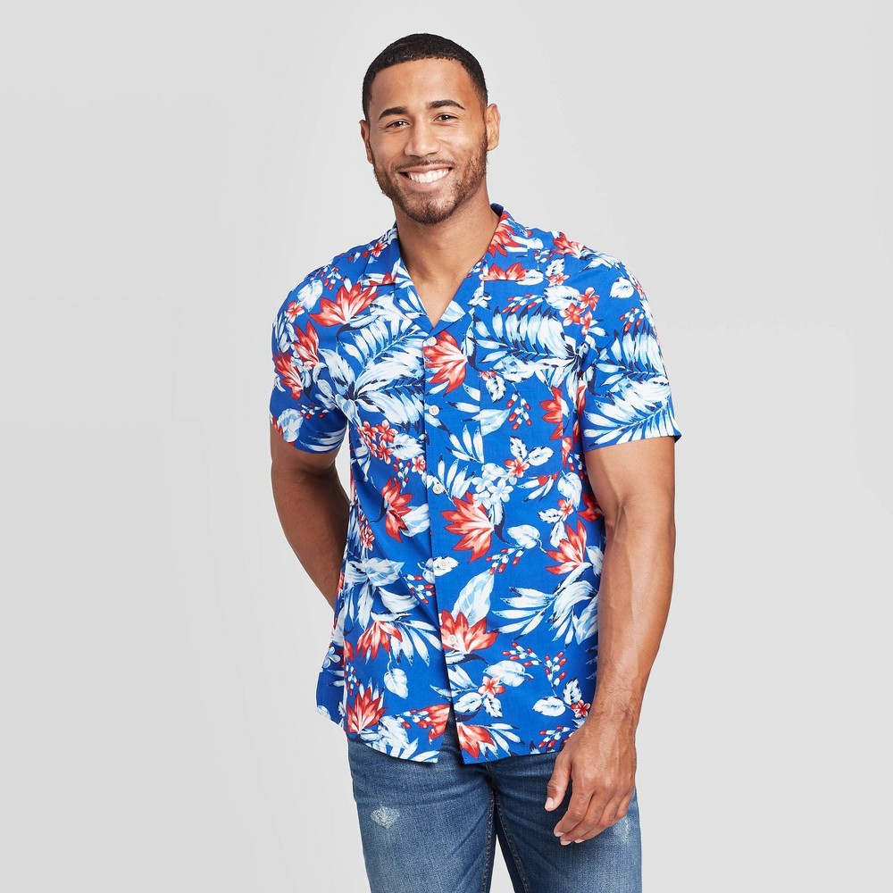 Men's Floral Print Standard Fit Short Sleeve Button-Down Camp Shirt - Goodfellow & Co Blue M, Men's, Size: Medium was $19.99 now $12.0 (40.0% off)