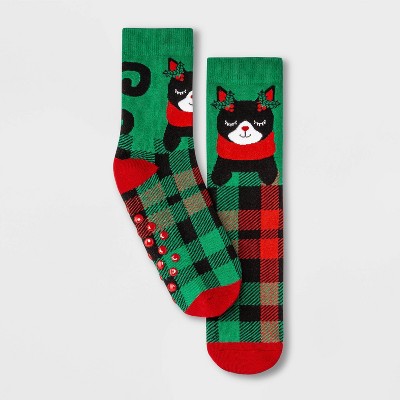 Women's Plaid Cat Terry Lined Holiday Crew Socks with Grippers - Wondershop™ Red/Green 4-10