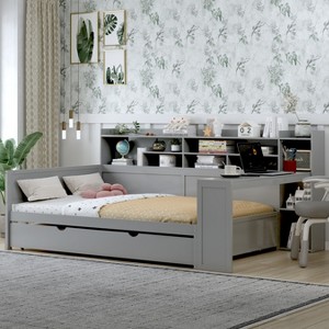 KTMBDW Twin/Full Size Daybed with Storage Shelves and Trundle Bed, Wooden Bed with Study Desk for Bedroom, Guest Room, No Boxing Spring Needed - 1 of 4
