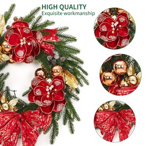 24" PVC Wreath with Red Flower & Bow – 20 Lights (8 Functions), Holiday Decor - 1 of 4