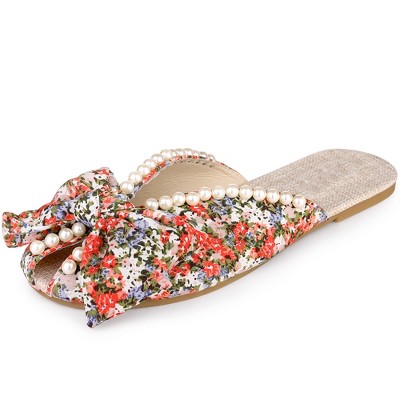 Perphy Women's Peep Toe Pearl Decor Slip-on Flat Slides Mules