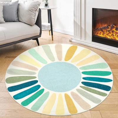 Colorful Machine Washable Area Rug, Non-Slip Indoor Carpet for Living Room, Bedroom, Modern Minimalist Front Door Mat with Sun Accent Design.