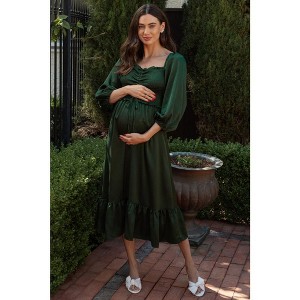 Pinkblush Green Satin Smocked Cinched Bust Maternity Midi Dress - 1 of 4