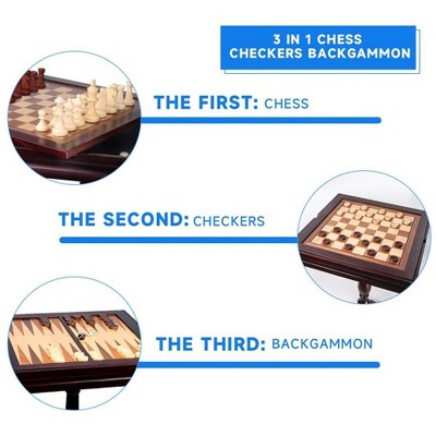 GSE Wooden 3-in-1 Chess Checkers Backgammon Table, Chess Checkers Backgammon Combo Game Set