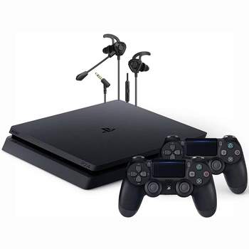 Sony Play Station 4 Pro Gaming Console On The Table With Two