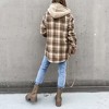 Women Jackets Coats Long Sleeve Plaid Hooded Button Front Jackets with Pockets Khaki L - 2 of 3