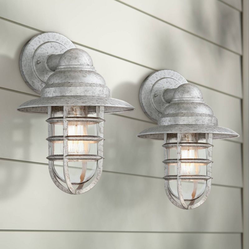 John Timberland Marlowe 13 1/4" High Farmhouse Rustic Hooded Cage Outdoor Wall Light Fixture Mount Porch House Set of 2 Galvanized Clear Glass Shade, 2 of 10