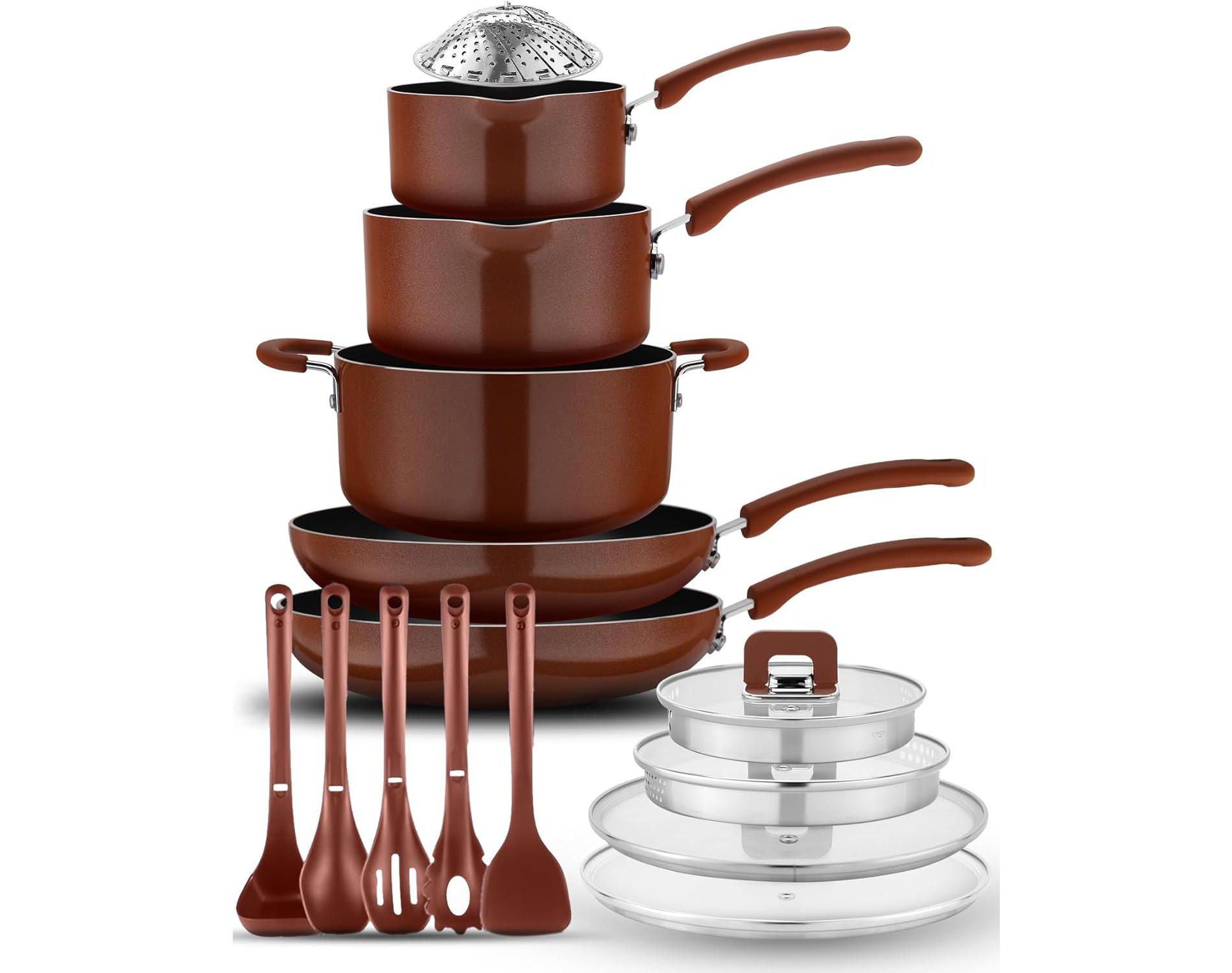 NutriChef Kitchenware 17-Piece Non-Stick Cookware Set, Space-Saving, Stackable, Induction Base, Brown