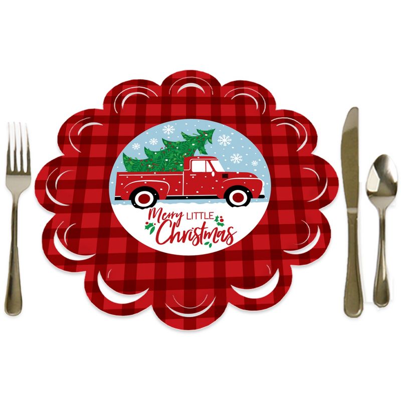 Big Dot of Happiness Merry Little Christmas Tree - Red Truck Christmas Party Round Table Decorations - Paper Chargers - Place Setting For 12, 1 of 9