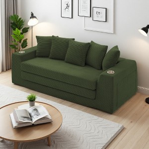 82.25" Corduroy 3-Seater Convertible Sofa Bed with 5 Pillows, Side Pockets & Cup Holders - 1 of 4