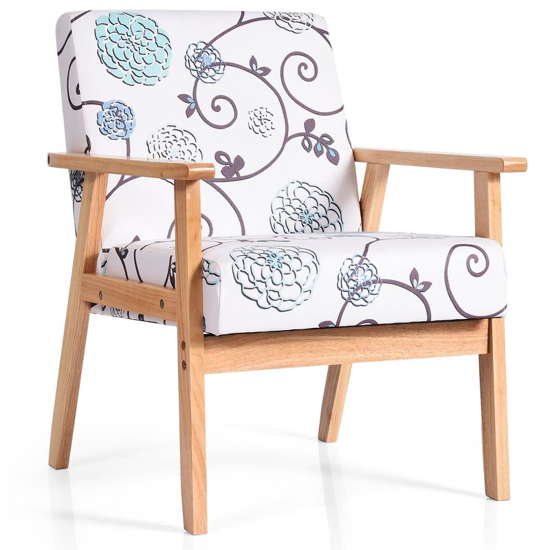 Costway Modern Accent Armchair Fabric Lounge Chair w/Rubber Wood Leg White&Blue Floral, 1 of 11