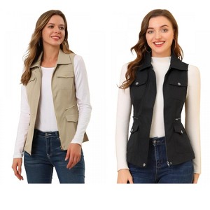 INSPIRE CHIC Women's Zip-Up Sleeveless Turn Down Collar Cargo Utility Vest with Pockets 2 Packs - 1 of 4