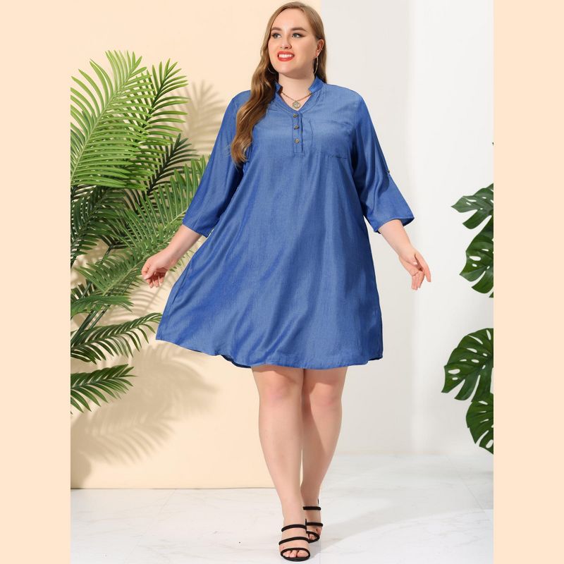 Agnes Orinda Women's Plus Size 3/4 Sleeve Belted High Low Hem Chambray T-Shirt Dresses, 3 of 7