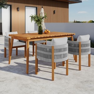 Christopher Knight Home Corin Elara 5 Piece Patio Acacia Wood Woven Rope Dining Set with Slatted Table and Cushions - 1 of 4