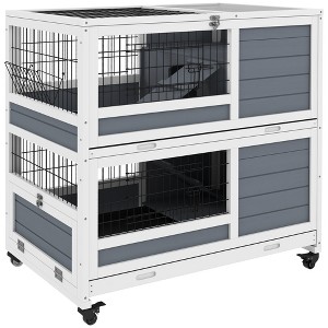 PawHut Indoor Rabbit Hutch w/ Wheels, 2-Tier Rabbit Cage, 35.5" Wooden Guinea Pig Cage with Feeding Trough, Removable Trays Ramps & Openable Top, Gray - 1 of 4