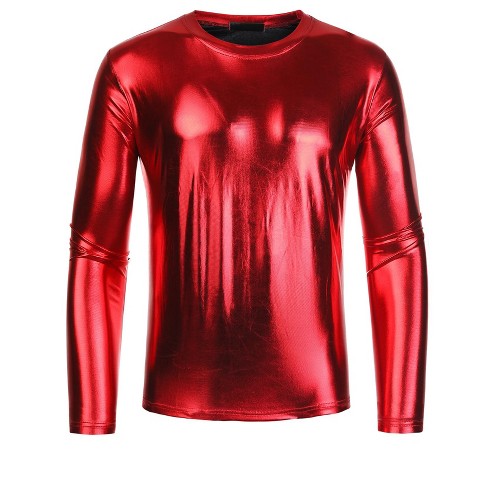 Lars Amadeus Men's Metallic Round Neck Long Sleeves Shining Disco T-Shirt  Red Medium