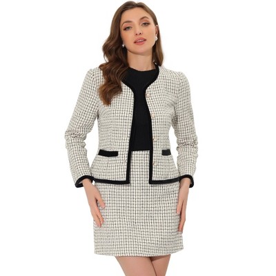 INSPIRE CHIC Women's Outfits Plaid Tweed Short Blazer and Skirt Suit Set 2 Pieces