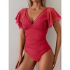Eomenie One Piece Swimsuit for Women Mesh Ruffle Sleeves Bathing Suit Tummy Control Ruched Swimwear V Neck Swim Suit - 3 of 3