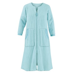 Collections Etc Textured Satiny Trimmed Plush Zip Front Robe Medium Women Light Blue - 1 of 4
