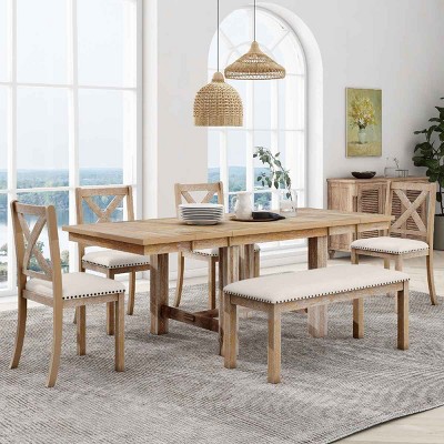 6 PCS Farmhouse Dining Set, Extendable Table and Dining Chairs and Bench, Solid Wood Frame Chair with Polyester Cushion-Coolbibila
