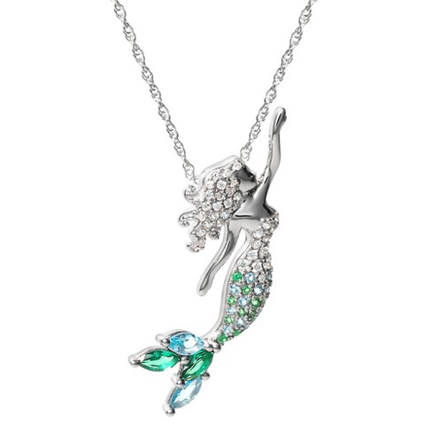 Disney The Little Mermaid Ariel Sterling Silver Cubic Zirconia Pendant  Necklace, 18\