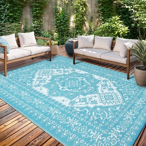 Waterproof Outdoor Rug Reversible Plastic Straw Mat, Vintage Medallion Patio Carpet for RV, Deck, Beach, Camping - 1 of 4