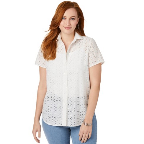 Jessica London Women's Plus Size Eyelet Short Sleeve Shirt - 14 W, White