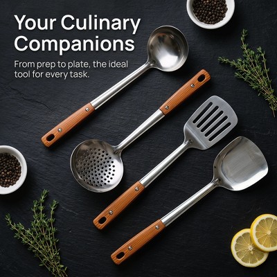 REGALWOVEN Stainless Steel Cooking Utensil Set Color Block Square Hole Kitchen Cooking Tools 4 Pcs Silver-Wood D — фото 5