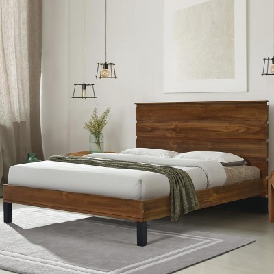 Mid-Century Modern Full/Queen/King Size Platform Bed with Six-Piece Headboard Design, Pine Wood Bed Frame, Brown - ModernLuxe