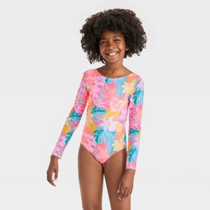 Girls' Tropical Blooms Floral Printed One Piece Swimsuit - Cat & Jack™ Pink - 1 of 3