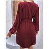 Women's V Neck Casual Cocktail Dress Front Button Long Sleeve Casual Party Midi Dress with Belt - 4 of 4
