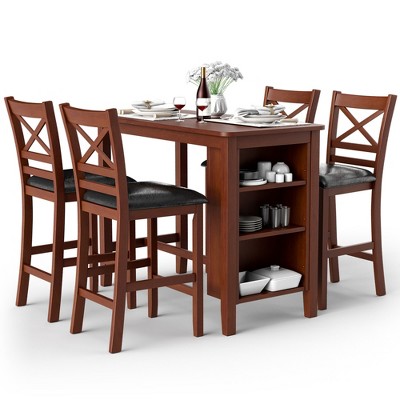 Costway 5PCS Pub Dining Table Set w/ Storage Shelves&4 Upholstered Chairs Walnut