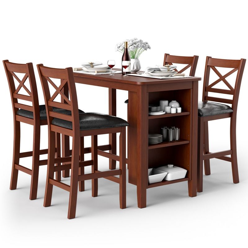 Costway 5PCS Pub Dining Table Set w/ Storage Shelves&4 Upholstered Chairs Walnut, 1 of 10