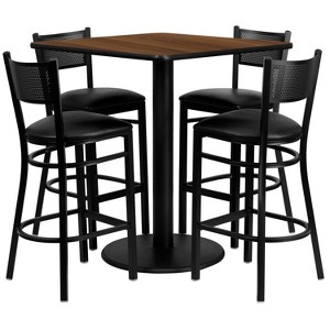 Emma and Oliver 36" Square Walnut Laminate Table Set, 4 Grid Back Metal Barstools - 1 of 2