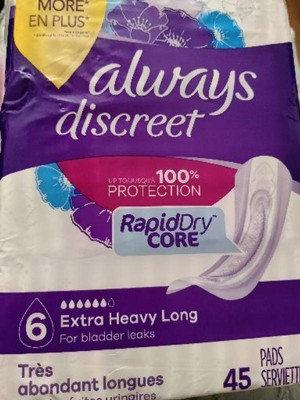 Always Discreet Incontinence Pads for Women, Size 6, Extra Heavy Long, 45  Ct - Helia Beer Co