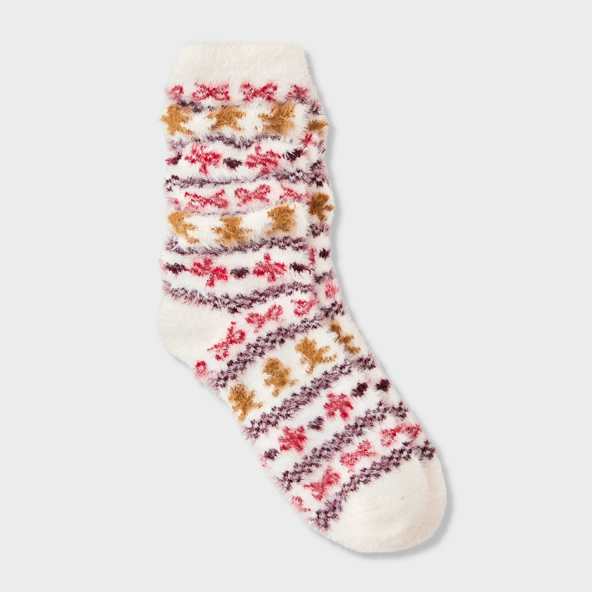 Women's Gingerbread Man & Bows Christmas Fuzzy Eyelash Slouch Cozy Crew Socks - Wild Fable™ Ivory/Tan/Red 4-10