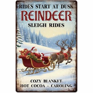 Lomsoe Christmas Santa Claus Sleigh Metal Tin Sign 8x12in "Reindeer" Vintage Painting Tin Signs Wall Poster Plaque Christmas Gift - 1 of 4