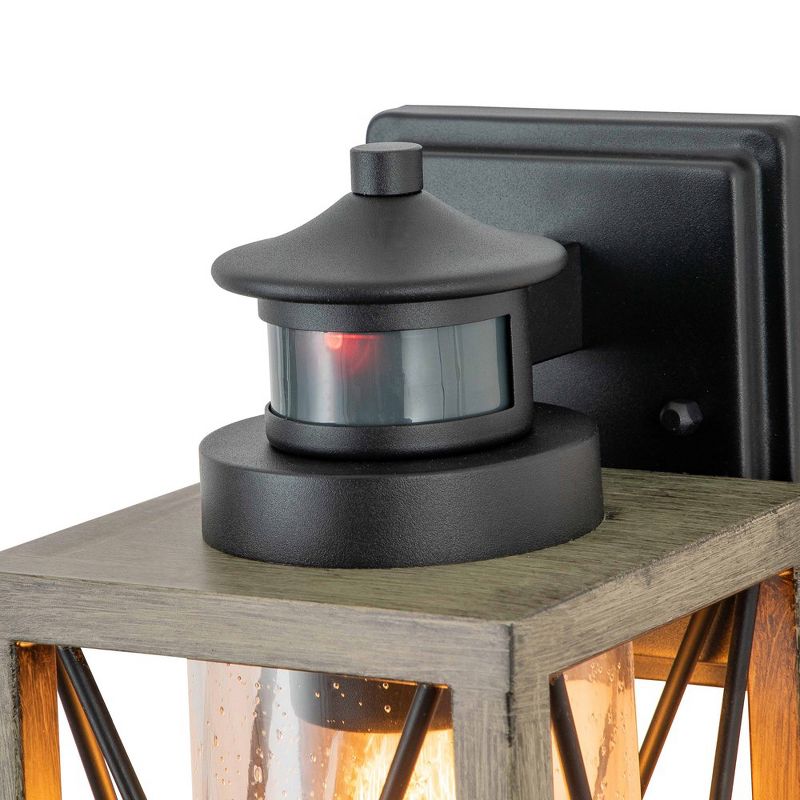 C Cattleya 1-Light Black and Faux Wood Motion Sensing Dusk to Dawn Outdoor Wall Light with Clear Seeded Glass, 3 of 8