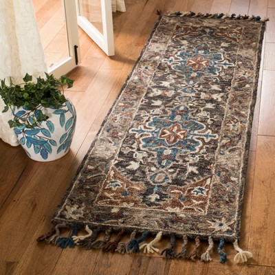 Aspen Blue and Charcoal Wool Floral Runner Rug