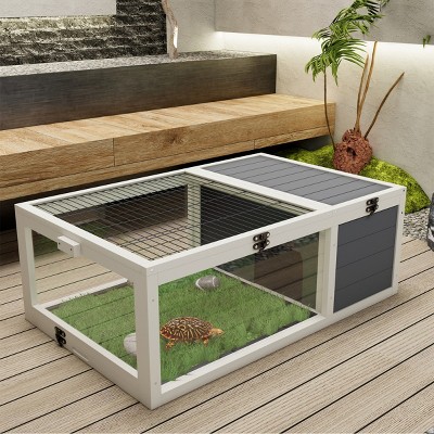 39" Wooden Tortoise House with Waterproof Trays And Viewing Windows,Indoor And Outdoor Reptile Cage Habitat,Dark Gray-LAOTIES