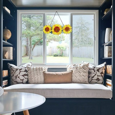 Annuus Floral-Style Yellow and Red Stained Glass Window Panel 22" Wide