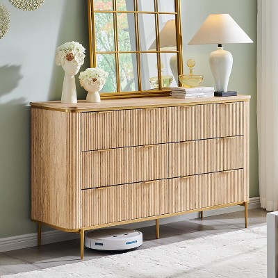 SinCiDo 54" Wide Modern Fluted 6 Drawer Dresser, Gold Accents, Wood TV Stand & Storage Dressers Organizer for Bedroom, Living Room