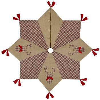 Northlight 48" Red and Brown Burlap and Plaid Reindeer Christmas Tree Skirt with Tassels