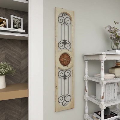 Gray Wood Distressed Door Inspired Ornamental Scroll Wall Decor with Metal Wire Details - Grey