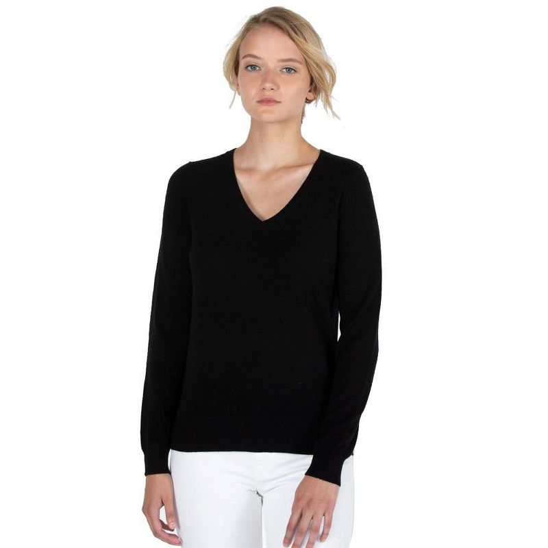 JENNIE LIU Women's 100% Pure Cashmere Long Sleeve Pullover V Neck Sweater, 1 of 5
