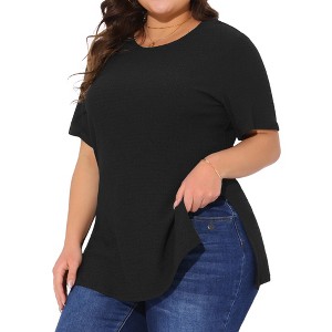 Agnes Orinda Women's Plus Size Textured Crew Neck Side Split Short Sleeve T-Shirts - 1 of 4