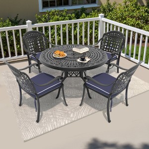 5-Piece Cast Aluminum Outdoor Dining Set: Round Table, Stackable Chairs & Blue Cushions - All-Weather Patio Furniture for Your Backyard - 1 of 4