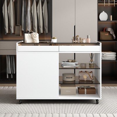 43.3"W Dresser Movable Storage Cabinet Island Vanity with Side Drawers, Glass Display Shelves, White -HABITRIO